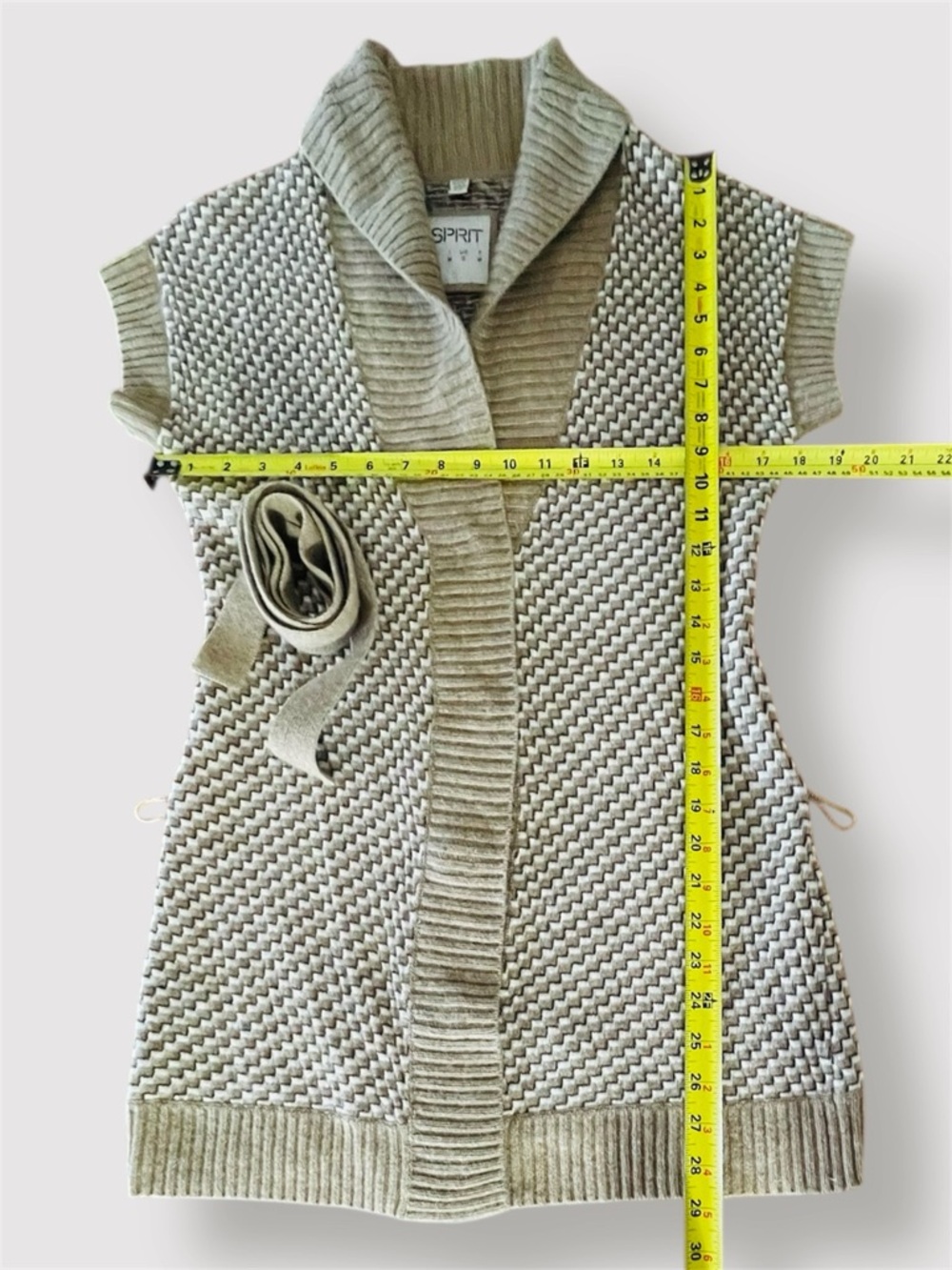 Esprit Y2K Short Sleeve Belted Cardigan Geometric Taupe Cream Black Size S - Picture 11 of 13